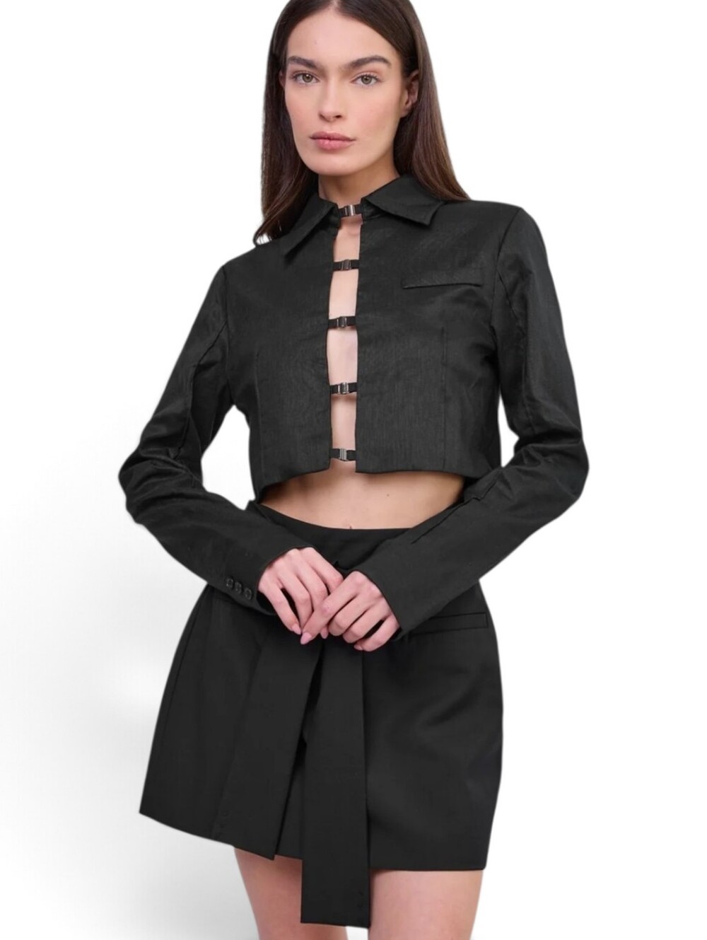 BLVCK Linen Black Cropped Jacket Metal Clasp Utility Button-Up Large NWT